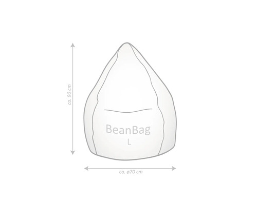 Illustration eines Sitzsacks Größe L mit den Maßen circa 90 cm Höhe und circa 70 cm Durchmesser