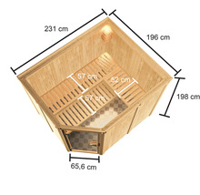 Abmessungen einer Holzsauna mit Bänken, Tür und Lampe