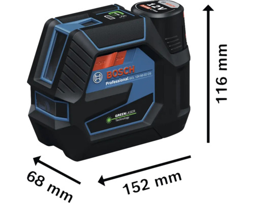 Laser combiné Bosch Professional GCL 12V-50-22 CG avec des dimensions de 152 mm de longueur, 68 mm de largeur et 116 mm de hauteur.