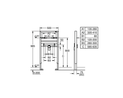 Schéma technique d''un bâti-support avec indications de dimensions