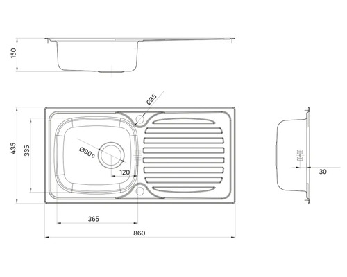 Technische Zeichnung einer Spüle mit Abtropffläche und Maßangaben