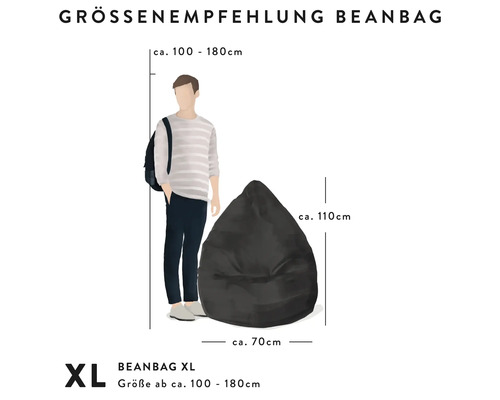 Größenempfehlung für einen Sitzsack XL mit Größenangaben
