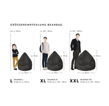 Größenempfehlung für Sitzsäcke in den Größen L, XL und XXL mit Größenangaben und Personengrößen