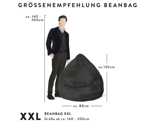 Größenempfehlung für einen XXL Sitzsack neben einer Person mit einer Körpergröße von 140 bis 200 cm, Sitzsack circa 80 cm breit und 130 cm hoch