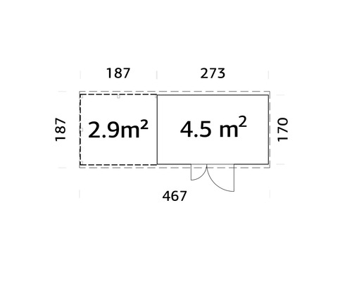 Grundrisszeichnung mit Flächenangaben und Maßen in Zentimetern