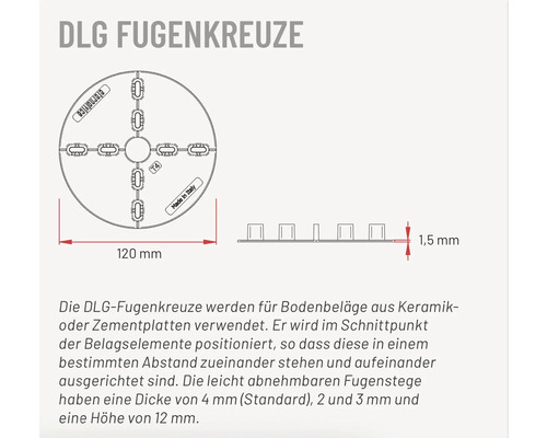 Zeichnung der DLG Fugenkreuze mit 120 Millimeter Durchmesser und 1,5 Millimeter Höhe