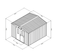 Illustration eines Gartenhauses mit Maßangaben