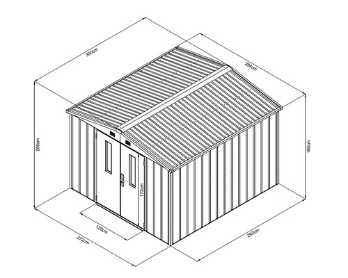 Illustration eines Gartenhauses mit Maßangaben