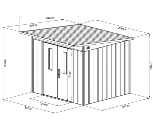 Illustration eines Metall Gerätehauses mit Maßangaben