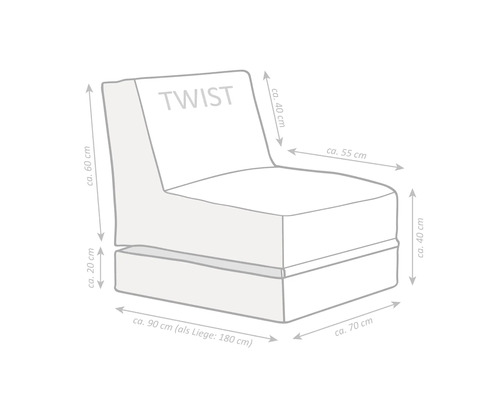 Skizze eines Sessels mit den Maßen circa 60 cm Höhe, circa 55 cm Breite und circa 90 cm Länge