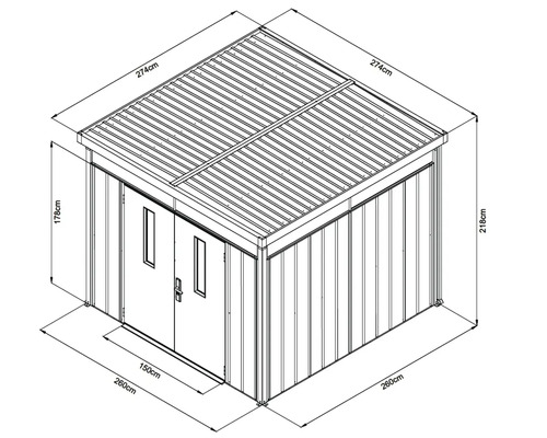 Schéma technique d''un abri de jardin métallique avec dimensions