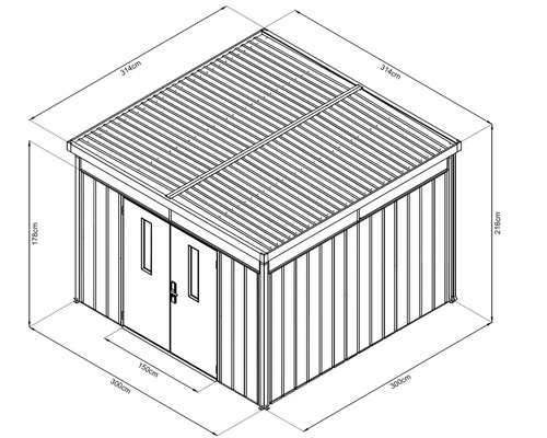 Image d''un abri de jardin avec les dimensions 314 cm x 300 cm x 218 cm