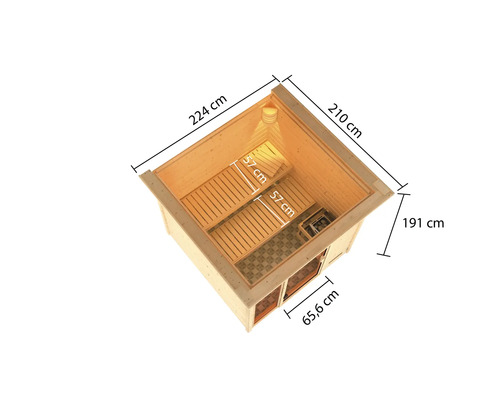 Image d''un sauna avec les dimensions : 224 cm de longueur, 210 cm de largeur et 191 cm de hauteur.