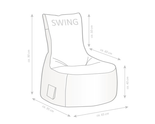 Skizze eines Sessel-Sitzsacks mit den Maßen circa 95 cm Breite, circa 90 cm Höhe, circa 65 cm Tiefe, circa 50 cm Rückenlehnenhöhe, circa 60 cm Sitztiefe und circa 40 cm Sitzhöhe