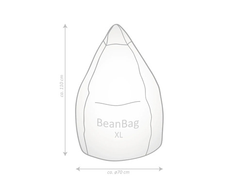 Abbildung eines Sitzsacks mit den Maßen circa 110 Zentimeter Höhe und circa 70 Zentimeter Durchmesser