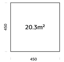 Quadratische Fläche mit den Maßen 450 x 450 und einer Gesamtfläche von 20,3 Quadratmetern