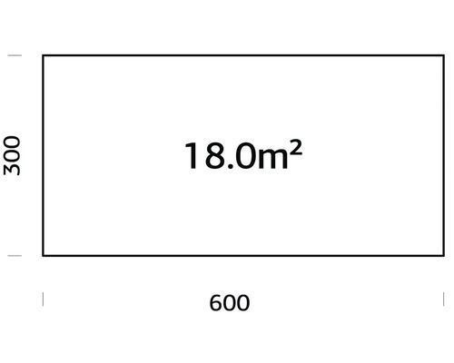 Plan avec des dimensions de 600 sur 300 et une superficie de 18 mètres carrés