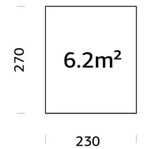Quadratische Fläche mit den Maßen 270 mal 230 Zentimeter und einer Fläche von 6,2 Quadratmetern