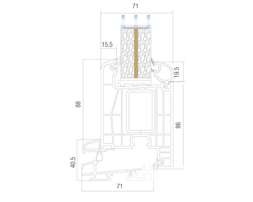 Technische Zeichnung eines Fensterprofils mit Maßangaben.