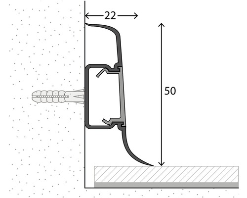 Abbildung eines Sockelprofils mit den Maßen 22 und 50 Millimeter.