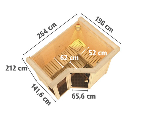 Vue de dessus d''un sauna d''angle avec dimensions.