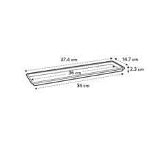 Illustration d''une jardinière avec les dimensions suivantes : 37,4 cm de long, 14,7 cm de large et 2,3 cm de haut.