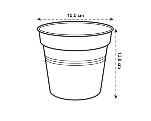 Abbildung eines Pflanzgefäßes mit den Maßen 15,0 cm Durchmesser und 13,8 cm Höhe.