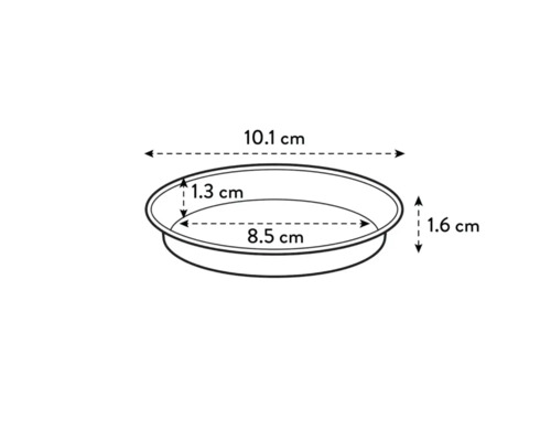 Abmessungen einer runden Pflanzschale: 10,1 cm breit, 1,6 cm hoch, Innendurchmesser 8,5 cm und Tiefe 1,3 cm