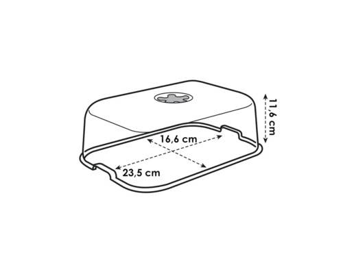 Dessin technique d''une cloche à gâteau rectangulaire avec des dimensions de 23,5 cm de longueur, 16,6 cm de largeur et 11,6 cm de hauteur.