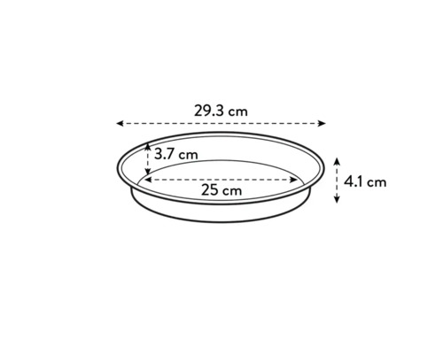 Dessin technique d''une jardinière ronde avec les dimensions 29,3 cm x 25 cm x 4,1 cm x 3,7 cm.
