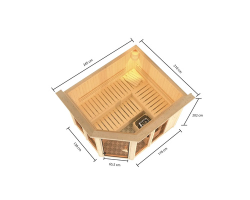 Vue de dessus d''un sauna d''angle avec dimensions.