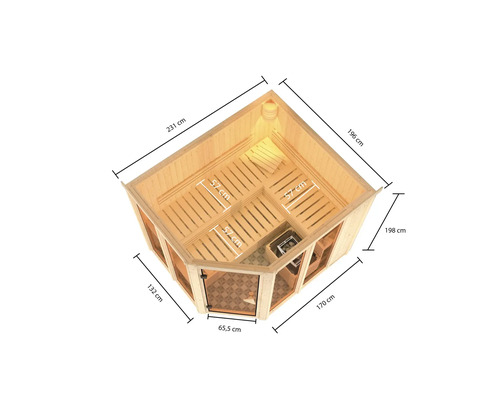Dimensions d''un sauna d''angle avec bancs, poêle et porte vitrée