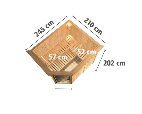 Vue de dessus d''un sauna d''angle avec dimensions : 245 cm, 210 cm et 202 cm.