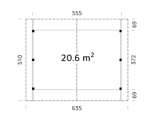 Plan avec dimensions : 635 x 510 cm, superficie : 20,6 m²