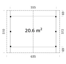 Grundriss eines Gartenhauses mit Maßangaben und einer Fläche von 20.6 Quadratmetern