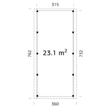 Plan avec les dimensions 315 x 762 x 360 x 732 et une superficie de 23.1 mètres carrés