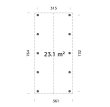 Plan avec les dimensions 315, 361, 764 et 732 avec une surface de 23,1 mètres carrés