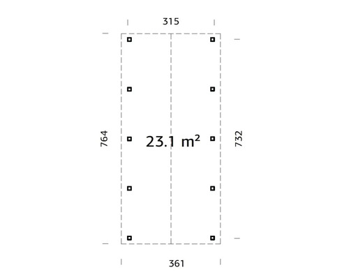 Grundriss mit Abmessungen: 315, 361, 764, 732 und 23,1 Quadratmeter