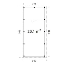 Grundriss mit Maßangaben: 315 x 360 x 732 x 762 cm und 23,1 Quadratmeter Fläche