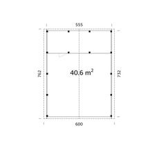 Plan avec une surface de 40,6 mètres carrés, longueurs de côté de 555, 600, 732 et 762