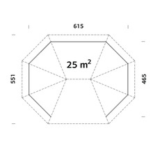 Plan d''un abri de jardin d''une surface de 25 mètres carrés et de dimensions 615 x 551 x 465 centimètres.