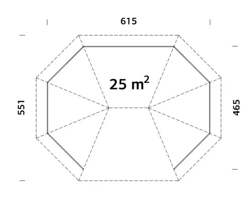 Grundrisszeichnung eines Gartenhauses mit einer Fläche von 25 Quadratmetern und den Maßen 615 x 551 x 465 Zentimeter.