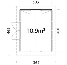 Plan d''un abri de jardin avec des dimensions de 303 x 367 x 401 x 465 cm et une surface de 10.9 m²