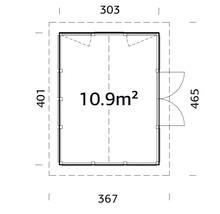 Plan d''un abri de jardin avec des dimensions et une surface de 10,9 mètres carrés.