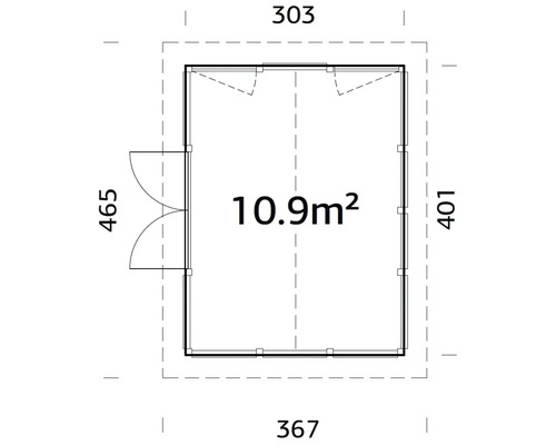 Grundriss eines Gartenhauses mit den Maßen 303 mal 367 mal 401 mal 465 und 10,9 Quadratmeter Fläche