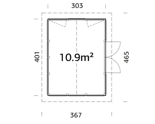 Grundriss eines Gartenhauses mit den Maßen 303 x 401 x 367 x 465 cm und einer Fläche von 10,9 m²