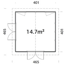 Plan d''un abri de jardin d''une surface de 14,7 mètres carrés et de dimensions 401 sur 465 centimètres.