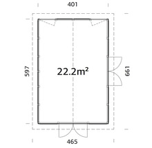 Plan d''un abri de jardin avec des indications de mesure de la longueur, de la largeur et de la surface