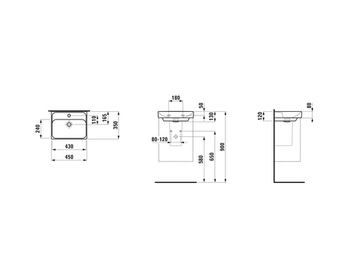 Technische Zeichnung eines Waschtisches mit Maßangaben