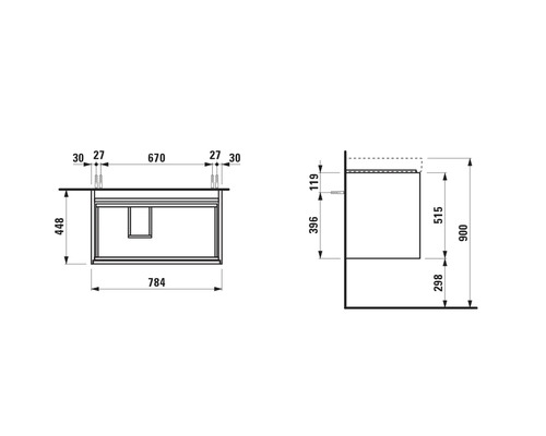Dessin technique d''un meuble sous-lavabo avec dimensions